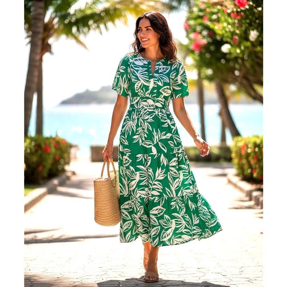 100% Cotton‎ Tiered Maxi Dress Resort NEW Tropical Leaf (Small) Stretch Waist